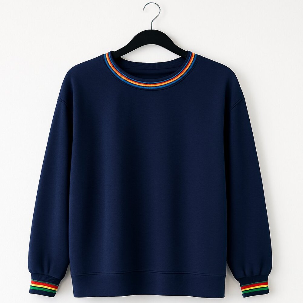 Womens Sweater Crewneck Long Sleeve Rainbow Striped Plain Fuzzy Sweatshirt